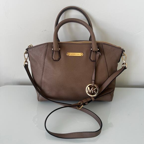 Michael Kors Campbell Dark Dune Leather Satchel Handbag Gold Logo NWT - Picture 1 of 14
